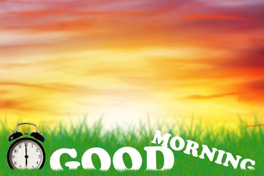 Good morning and wake up concept, alarm clock on green grass