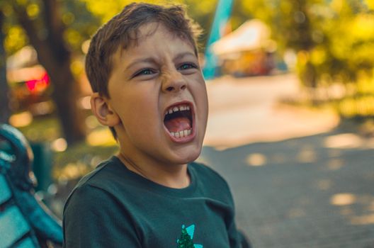 beautiful boy screams in a city park