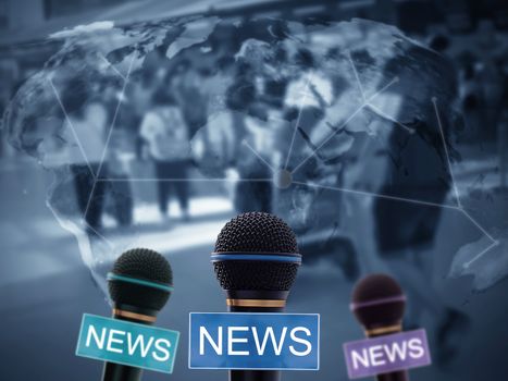 News concept, microphone on blue world map background, Elements of this image furnished by NASA