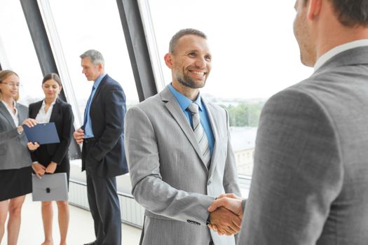 Business people handshake in office, group of colleagues on background