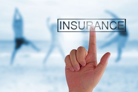Insurance concept, security life, hand on blue blur background