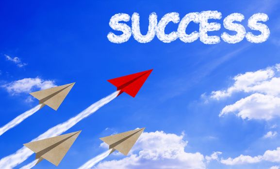 Leadership concept, paper plane on blue sky background, business success concept