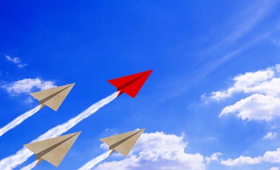 Leadership concept, paper plane on blue sky background, business success concept