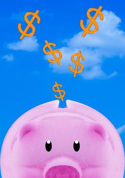 Financial, saving money concept, pink piggy bank on blue sky background