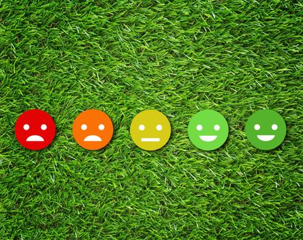 Customer experience concept, service rating on green grass background