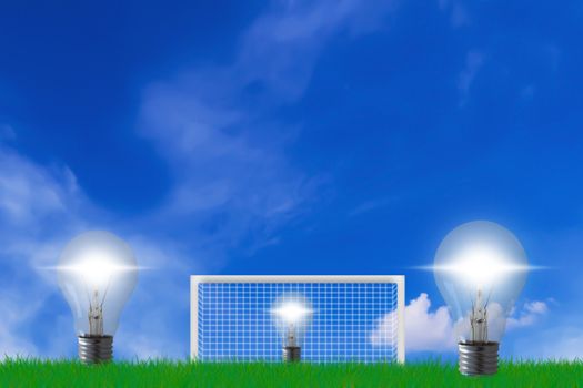 Business strategy and planning concept, light bulb on green grass background