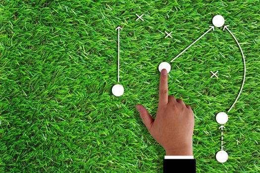 Business strategy and planning concept, hand and direction icon on green grass background