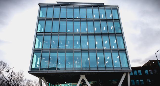 Dublin, Ireland - February 12, 2019: Architectural detail of an international business building Google in the city center on a winter day