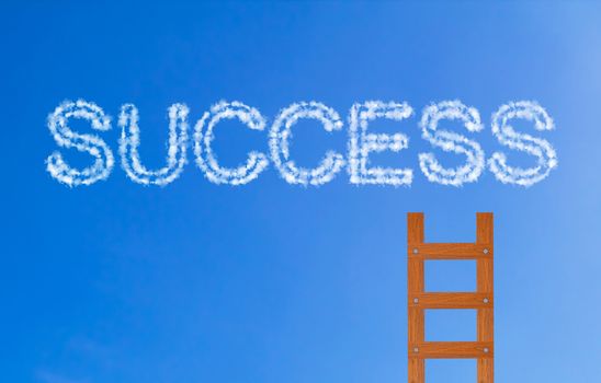 Business success concept, wooden stair on blue sky background