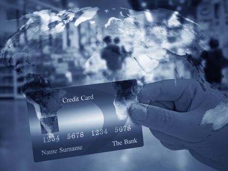 Global trading network, online business concept, hand holding credit card, Elements of this image furnished by NASA