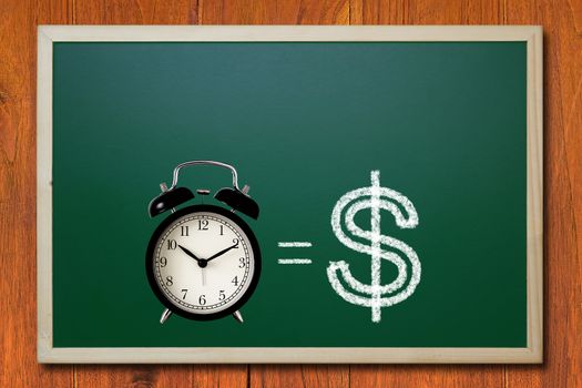 Time is money concept, business planning management, alarm clock and dollar symbol on chalkboard background  