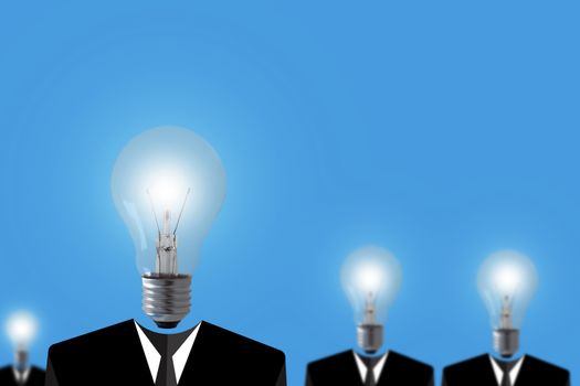 Teamwork concept, light bulb business man on blue background, group leader paper cut people