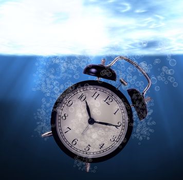 Waste of time concept, drowning alarm clock