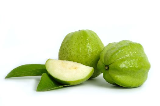 Green crystal guava raw fruit and sliced with leaves  isolated on a white background