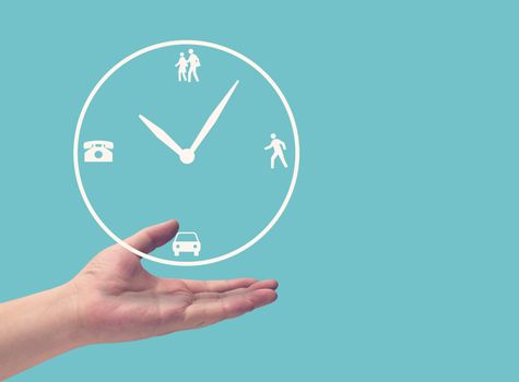 Time management concept, business strategy and planning, clock on hand in blue vintage background