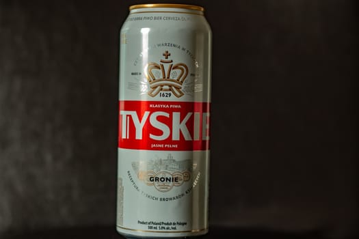 London Canada, August 18 2019: Editorial illustrative photo of Polish Tyski beer. Polish beer is known for the strong and good taste..