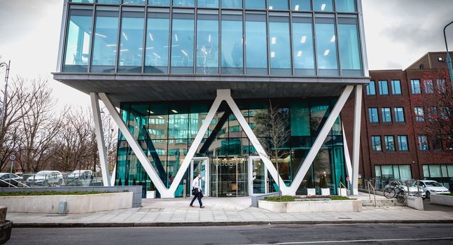 Dublin, Ireland - February 12, 2019: Architectural detail of an international business building Google in the city center on a winter day