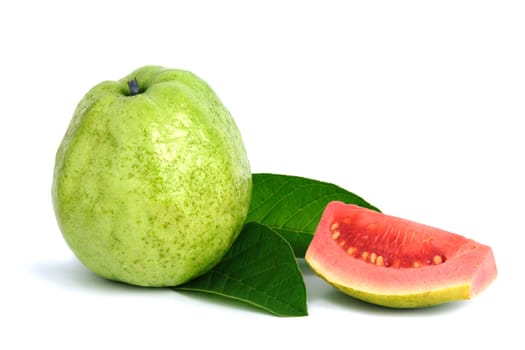 Fresh Psidium guajava / common guava / lemon guava sliced and raw fruit isolated on a white background