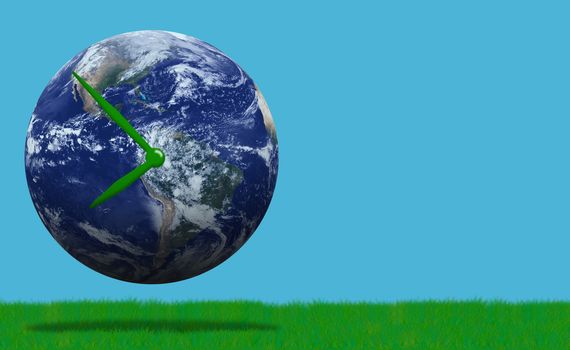 Time management concept, business planning, The Earth on green grass and blue background, Elements of this Image Furnished by NASA