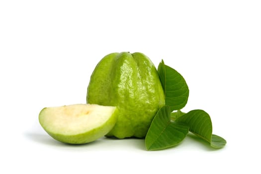 Green crystal guava raw fruit and sliced with leaves  isolated on a white background