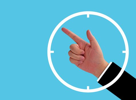 Time management concept, business planning, hand and clock on blue background, paper cut style