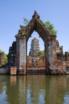 Wat Rat Burana at Ayutthaya Historical Park Thailand during flood