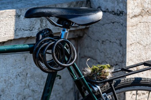 a bird nest, collected from the forest sits on a bike carrier - image