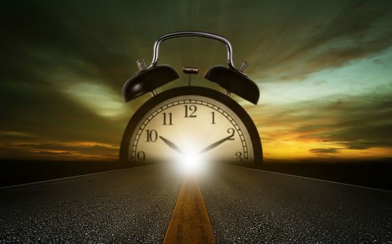 Time management concept, road and alarm clock on sky background