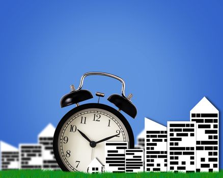 Time management concept, business planning, city and town on blue background