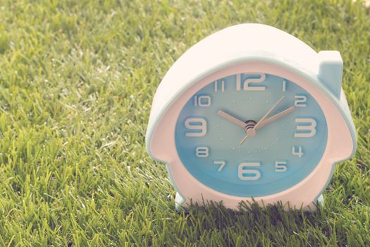 Time management concept, business planning, alarm clock on green grass background