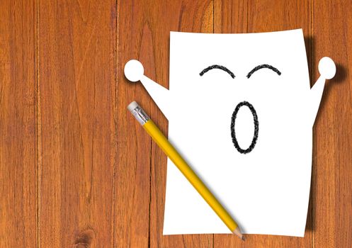 Tired concept, working hard over time, white paper yawning on wood background
