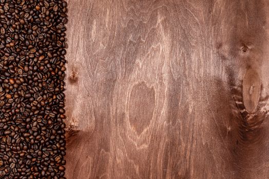 Coffee beans stripe on dark wooden texture background, Copyspace for text - image