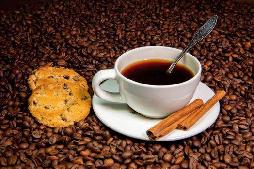 White coffee mug,  cinnamon sticks and cookies on the coffee beans background - image