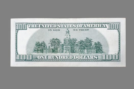 back side of a hundred dollar bill usa on isolated gray background