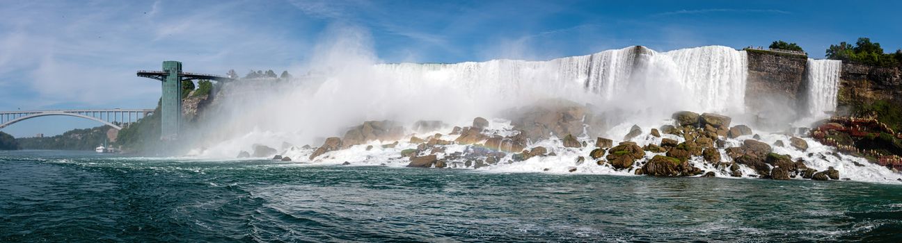 American Falls is part of Niagara Falls, located between the United States and Canada, panoramic view