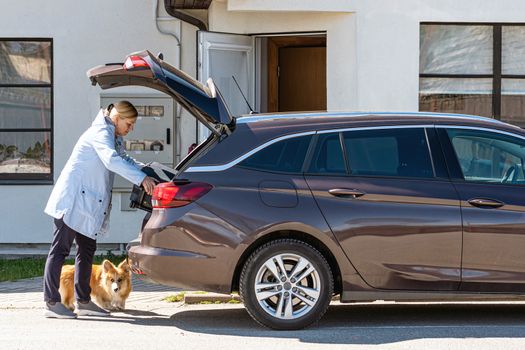 woman with dog loading suitcase into car trunk, preparation for trip