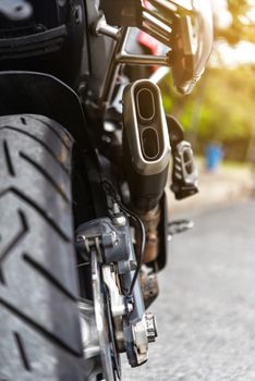 Detail of a motorcycle exhaust pipes, motorcycle engine selective focus.