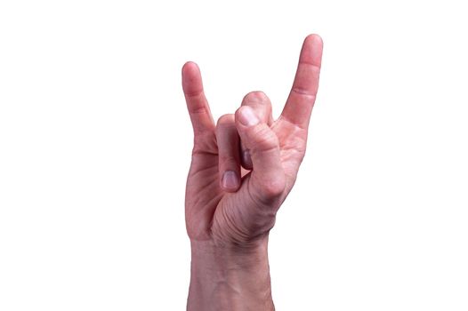 Caucasian human hand shows The sign of the horns on isolated white background