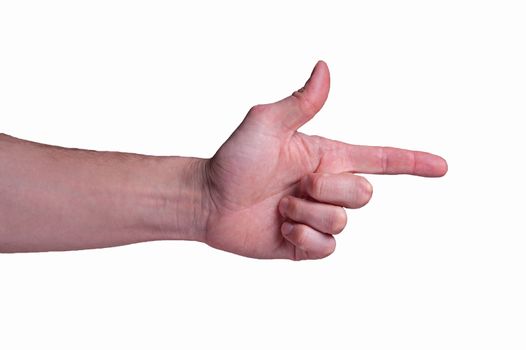Hand of european man shows the finger gun sigh on isolated white background