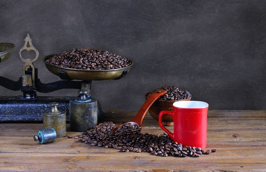 Coffee with scale and blackboard in background.