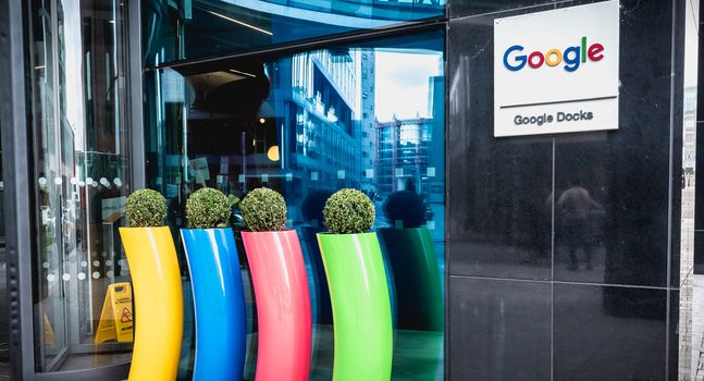 Dublin, Ireland - February 12, 2019: Architectural detail of the Irish headquarters building of the multinational Google on a winter day