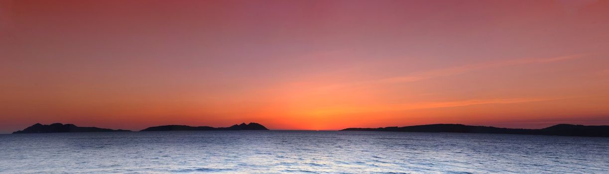 Cies Islands at sunset view from the Samil beach in Vigo.