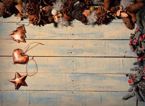 Christmas decoration on wooden table.From above