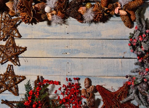 Christmas decorations over old wooden table.