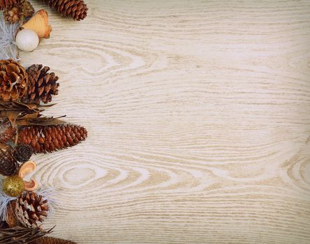 Christmas tree decoration on the left edge.Copy space.