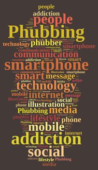 Illustration with word cloud on phubbing, the addiction to mobile