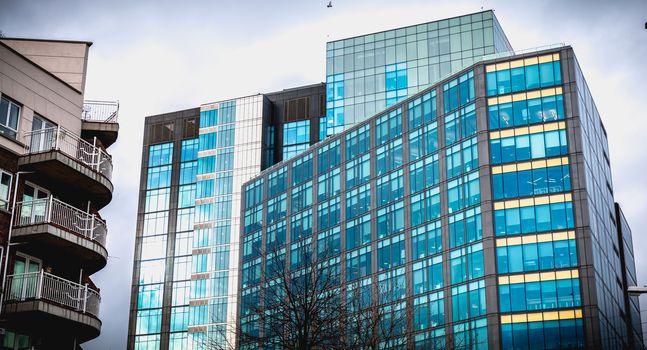 Dublin, Ireland - February 12, 2019: Architectural detail of the Irish headquarters building of the multinational Google on a winter day