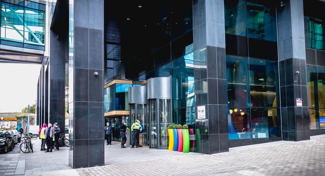 Dublin, Ireland - February 12, 2019: Architectural detail of the Irish headquarters building of the multinational Google on a winter day