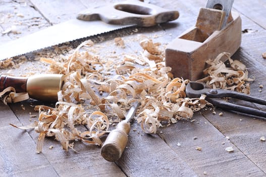 Carpenter tools on a work bench carpentry.
