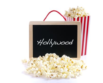 Popcorn and blackboard with the word Hollywood.